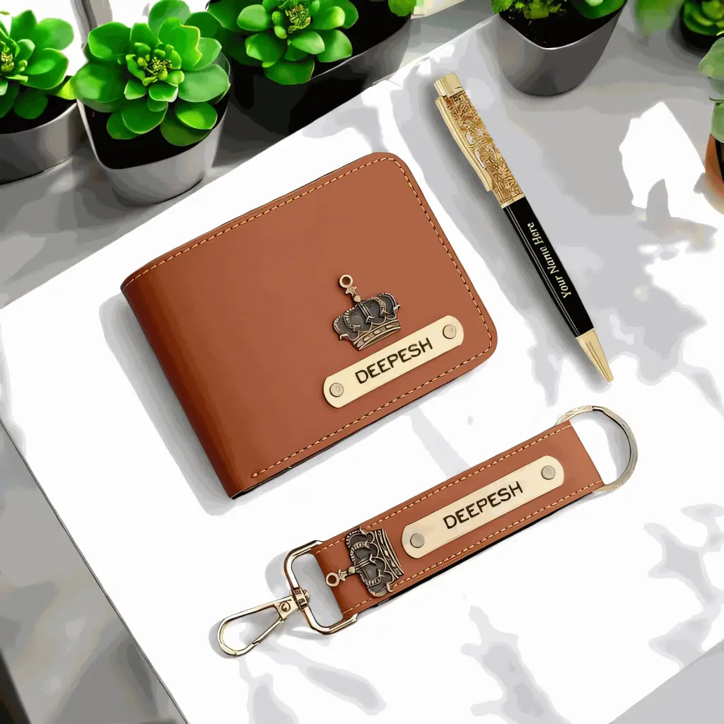 Personalised Leather Wallet, Pen & Keychain Combo –🏆✨
